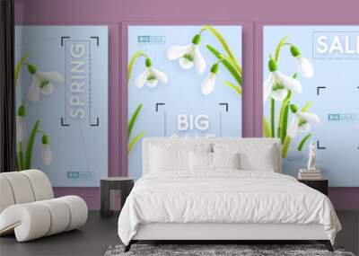 Set of Spring big sale posters with realistic full blossom snowdrops. Set of modern magazine covers. Vector illustration Wall mural