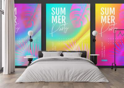 Set of summer disco party posters with tropic leaves on holographic flow background. Summer background. Vector illustration Wall mural