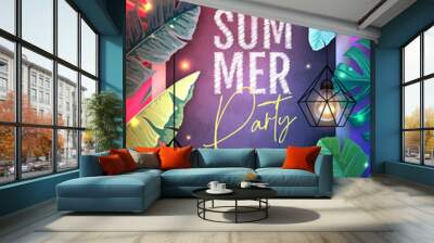 Summer disco party poster with tropic leaves and string of lights. Summer background. Vector illustration Wall mural