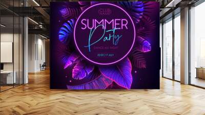 Summer party typography poster with fluorescent tropic leaves. Nature concept. Summer background. Vector illustration Wall mural