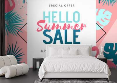 Summer sale poster with tropic leaves and flamingo. Summer background Wall mural