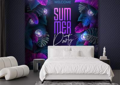 Summer tropic disco party poster with fluorescent tropic leaves and modern electric lamps. Nature concept. Summer background. Vector illustration Wall mural