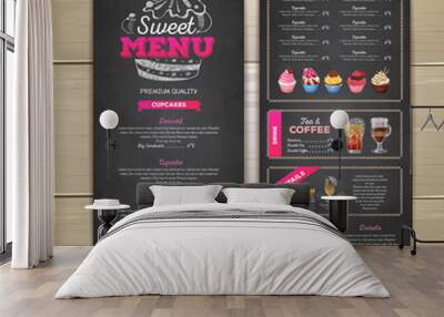 Vintage chalk drawing dessert menu design. Sweet cupcake Wall mural