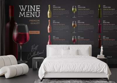 Wine restaurant menu design with realistic wine glasses and bottles. Chalk background Wall mural