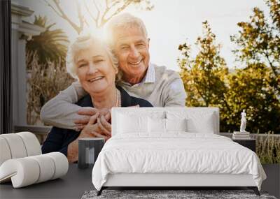 Hug, patio and portrait of senior couple at sunrise enjoy bonding, quality time and relax in morning. Love, retirement home and face of elderly man and woman smile for marriage, trust and happiness Wall mural