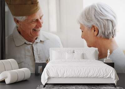 Military veteran, man and woman with medal, uniform and smile together with memory, pride and success. Elderly couple, army badge or regalia with happiness, check and retirement from service in house Wall mural