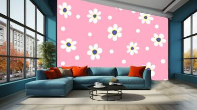 Cute floral seamless pattern. Girlish print with flowers and round spots. Simple vector illustration. Wall mural