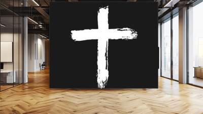 Latin cross drawn by hand with a rough brush. White icon isolated on black background. Sketch, graffiti, grunge, paint, watercolour. Wall mural