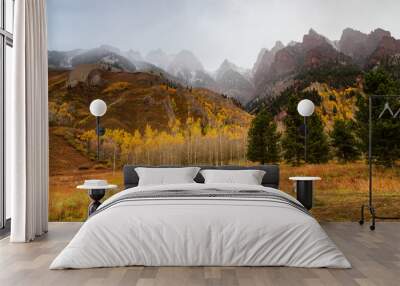 Ponderosa pines and aspens near Maroon Bells, with high peaks shrouded in mist in the background, Aspen, Colorado, USA Wall mural