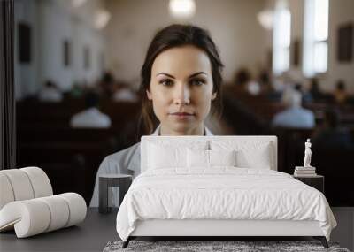 Portrait of young female doctor looking at camera while standing in church Wall mural