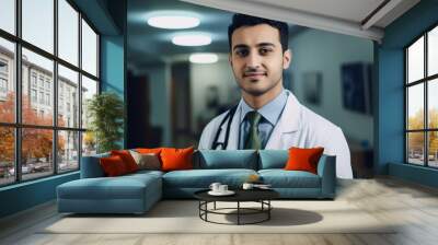 Portrait of young male doctor with stethoscope in hospital corridor Wall mural