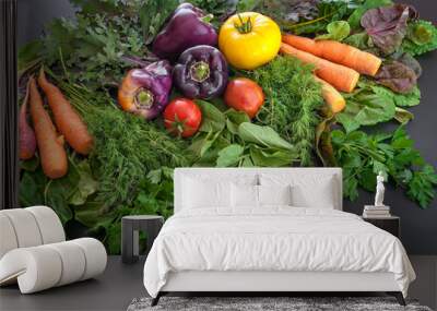 Fresh produce including carrots, peppers, tomatoes, dill, parsley and sorrel. Wall mural