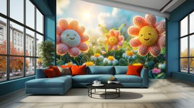 3d Animation cartoon happy spring flowers smiling. Animated background colorful spring flowers. Colorful summer garden with sunlight shining. Wall mural