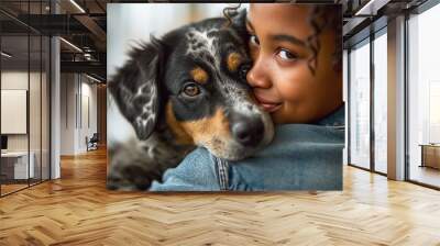 African American young woman embracing her dog. Pleased happy Afro girl gets lovely puppy, plays and embraces four legged friend with love Woman hugs dog. Humans and pets Wall mural