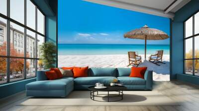 Beach chairs with umbrella and beautiful sand beach, tropical beach with white sand and turquoise water. Travel summer holiday background concept. copy space Wall mural