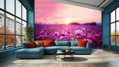 beautiful colorful meadow of wild flowers floral background, landscape with purple pink flowers with sunset and blurred background. Soft pastel Magical nature copy space Wall mural