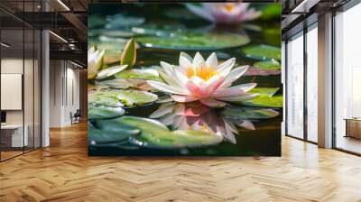 Beautiful pink lotus flower with a green leaf in the pond. A pink lotus water lily blooming on the water, magical spring,summer dreamy background Wall mural