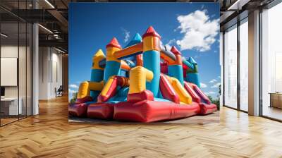 Big bouncy castle slide in garden, colorful Inflatable bouncy castle on sunny summer day with blue sky. Bouncy house for kids to jump on outdoors Wall mural