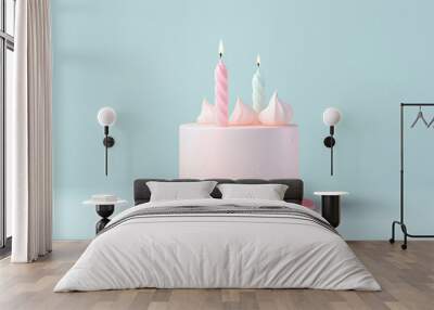 Birthday cake pastel colored 3D with number two and candles. Delicious 2 Anniversary candle. Confetti pink and blue background Copy space Happy Birthday concept Wall mural