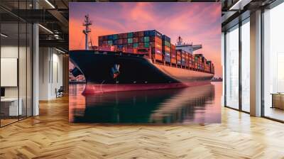 Cargo new ship carrying container and running for export goods from cargo yard port to other ocean concept freight shipping ship on blue sky background. Wall mural