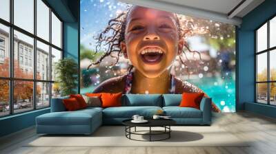 Child playing and splashing in pool in the summer, Cute child jumping in swimming pool, having fun on a Holiday sunlight multicultural Wall mural