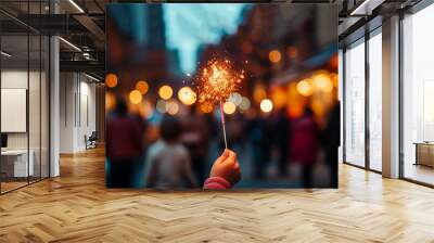 Children with fireworks stick. Holiday dynamic postcard. Happy children holding a lighted fireworks on a blurred background of a bright Christmas garland.  Christmas Happy New Year  Wall mural