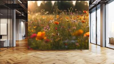 Colorful flower meadow with sunbeams and bokeh lights in summer - nature background banner with copy space - summer greeting card wildflowers spring concept Wall mural