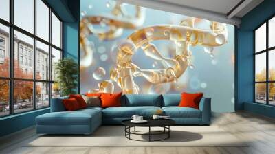 DNA Cosmetics golden serum liquid bubbles abstract background. Cosmetic moisturizer essence gel. Collagen fluid bubble molecule. Moisturizing cream or oil for personal health care and beauty skin  Wall mural