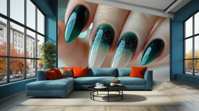 Gel nail extensions dark green. Hand of the girl. Female manicure. Long colored acrylic nails. Wall mural