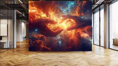 Hands of god or Jesus Christ in the clouds. Human hands open palm up worship. Eucharist Therapy Bless God Helping Repent Catholic Easter Lent Mind Pray. Christian Religion concept background. Wall mural