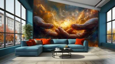 Hands of god or Jesus Christ in the clouds. Human hands open palm up worship. Eucharist Therapy Bless God Helping Repent Catholic Easter Lent Mind Pray. Christian Religion concept background. Wall mural