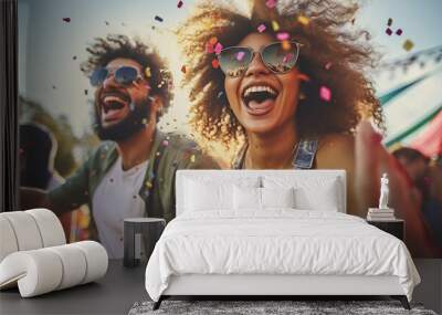 Happy multicultural friends having fun at summer festival Cheerful multiracial students embrace in positive attitude posing for the photo - Concept of friendship travel and joy.  vacation concept  Wall mural