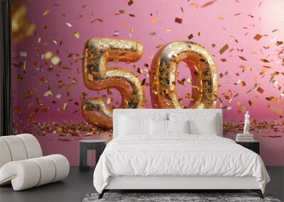 Number 50 gold numbers. Elegant Greeting celebration fifty years birthday. Anniversary number 50 foil gold balloon. Happy birthday, congratulations poster. Golden numbers with sparkling golden  Wall mural