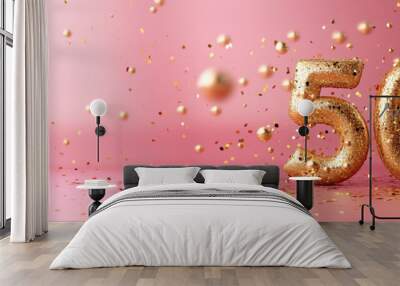 Number 50 gold numbers. Elegant Greeting celebration fifty years birthday. Anniversary number 50 foil gold balloon. Happy birthday, congratulations poster. Golden numbers with sparkling golden  Wall mural