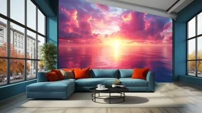 Ocean sunset. Magical dramatic sea sunset. Burning sky and shining golden waves. Sunset sea 4k. Red sky, yellow sun and amazing sea. Summer sunset seascape. Colorful pink and golden colors Wall mural