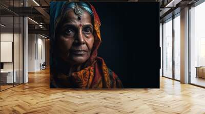 Portrait of a traditionally dressed elderly woman of Indian origin wearing a saree or salwar kameez, beautiful close-up portrait young Indian woman Wall mural