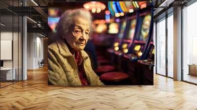 portrait of elderly woman gambler playing slot machine in casino. Slot Machines in Las Vegas. Grandma addicted to fruit machines excited Wall mural