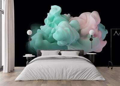 Realistic 3D smoke cloud pastel colored green and pink. 3d realistic clouds set isolated on a dark background. Render soft round cartoon fluffy clouds icon in the sky. 3d geometric shapes illustration Wall mural