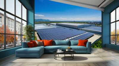 Solar panels on factory.Architectural detail of metal roofing on commercial construction Solar panels or Solar cells on factory rooftop or terrace with sun light, Industry. Wall mural