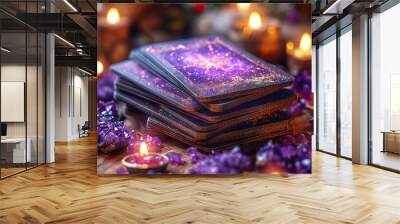 Tarot cards with candle light purple colors. fortuneteller reads fortunes by tarot cards and candles on the background. Astrology occult magic spiritual horoscopes and palm reading Wall mural