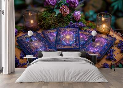 tarot cards with candle light purple colors. fortuneteller reads fortunes by tarot cards and candles Wall mural