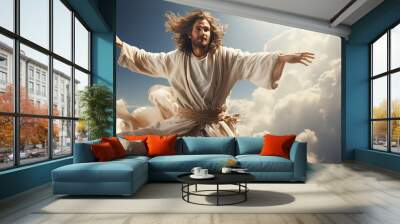 The resurrected Jesus Christ ascending to heaven above the bright light sky and clouds and God, Heaven and Second Coming concept Wall mural