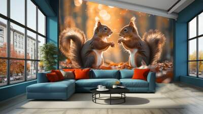 Two adorable squirrels in colorful orange autumn forest. Two Squirrels are in the forest and one of them is eating nuts. Fall season cute wildlife Wall mural