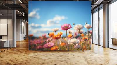 Wildflowers colorful various flowers in field.Colorful wildflower meadow with sunshine and blue sky background.Summer flower meadow - Holiday time in the garden Wall mural