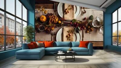 Autumn holiday tablescape, formal dinner table setting, table scape with elegant autumnal floral decor for wedding party and event decoration Wall mural