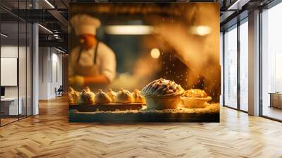 Baker baking fresh bread and pastry in the old town bakery in the morning, hot freshly baked products on shelves and the oven, small local business and food production. Generative Ai Wall mural