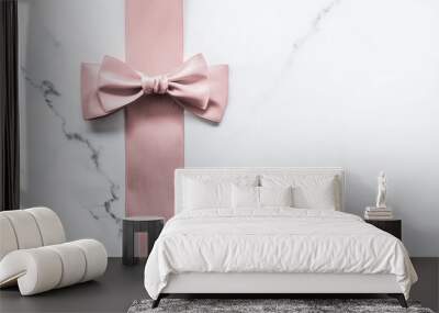 Beige silk ribbon and bow on marble background, glamour present mockup and fashion gift decoration for luxury beauty brand holiday flatlay design Wall mural