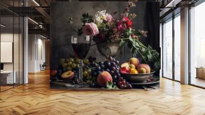 Classic still life composition with a rich arrangement of flowers and fresh fruits and a glass of wine, accented by lush, vintage floral elements Wall mural