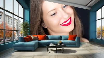 Happy smiling young woman with perfect white teeth and beautiful healthy smile, clean skin and natural makeup, female face portrait with positive emotion, beauty, wellness and skincare ad. Wall mural