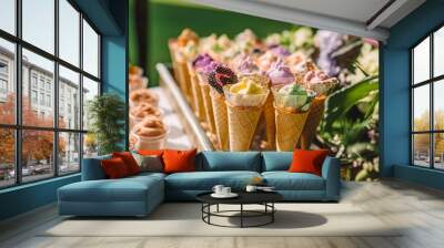 Ice cream desserts buffet table, event food catering for wedding, party and holiday celebration, ice creams and flowers decor in a floral countryside garden, generative ai Wall mural